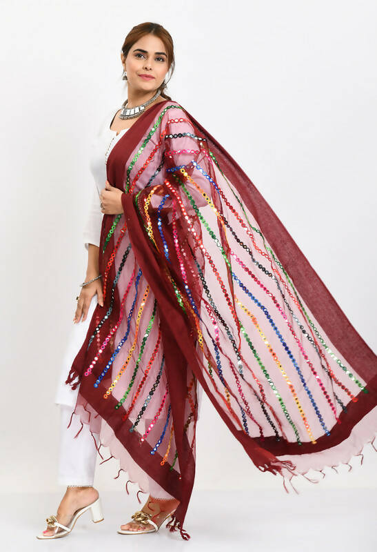 Mominos Fashion Moeza Women's Orgenza Multi Thread Mirror Work Maroon Dupatta
