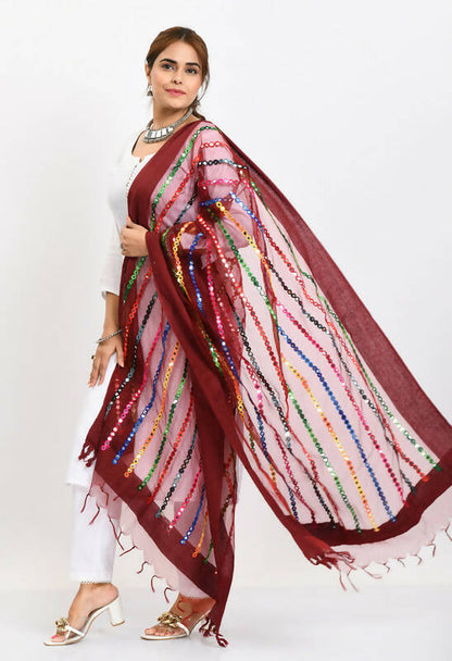 Mominos Fashion Moeza Women's Orgenza Multi Thread Mirror Work Maroon Dupatta