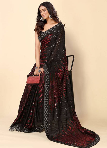 Vegaa Fashion Maroon Heavy Georgette Sequence Embroidery Saree