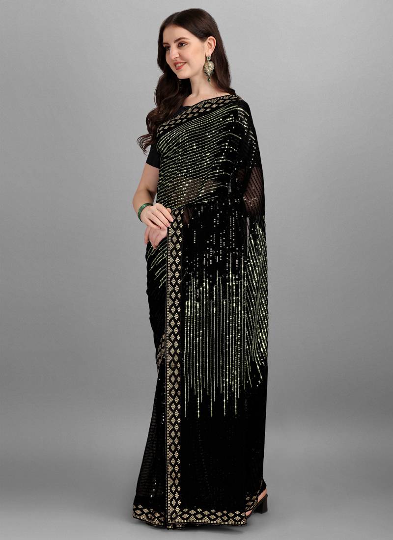 Vegaa Fashion Green Heavy Georgette Sequence Embroidery Saree
