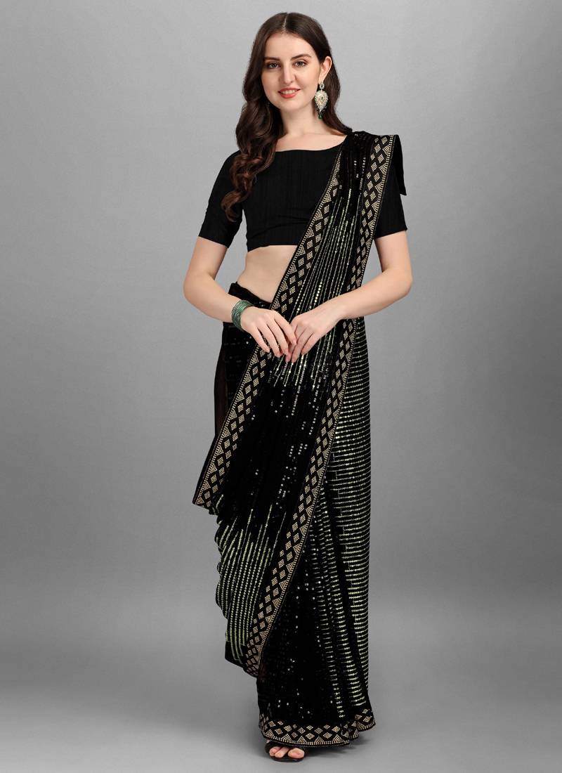 Vegaa Fashion Green Heavy Georgette Sequence Embroidery Saree