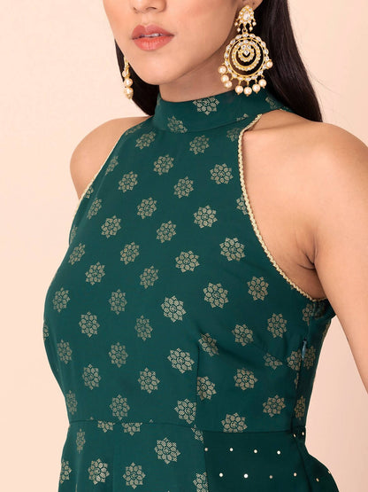 Indya Green Floral Printed Halter Neck Georgette Kurta With Zari Detail