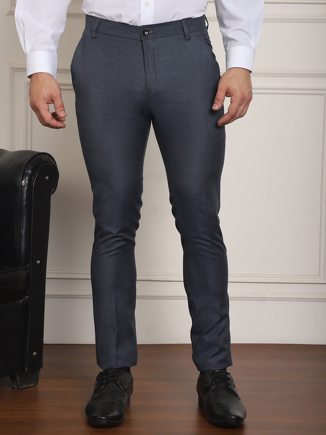 Indian Needle Men's Tapered Fit Solid Trousers - Charcoal