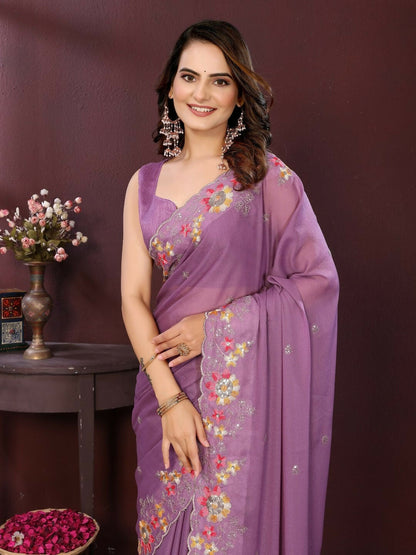 Ai Fashion Light Purple Soft Star Georgette Embroidery Party Wear Saree