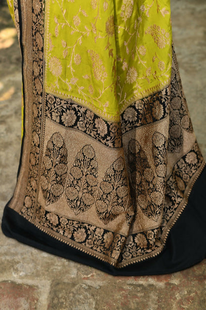 Joban Fashion Green Crepe Chiffon Pure Handloom Banarasi Silk Saree