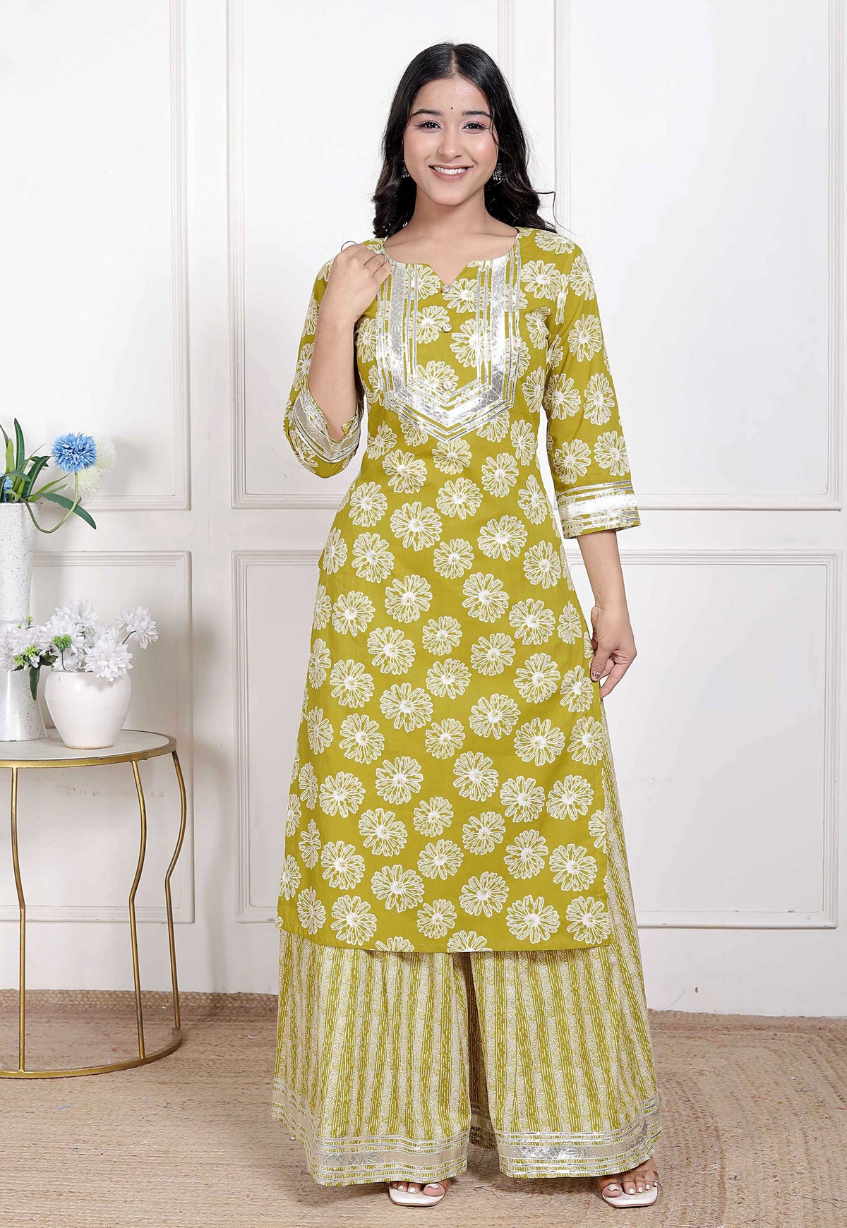 Miravan Women's Lime Yellow Block Printed Kurta with Palazzo