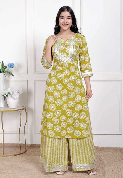 Miravan Women's Lime Yellow Block Printed Kurta with Palazzo