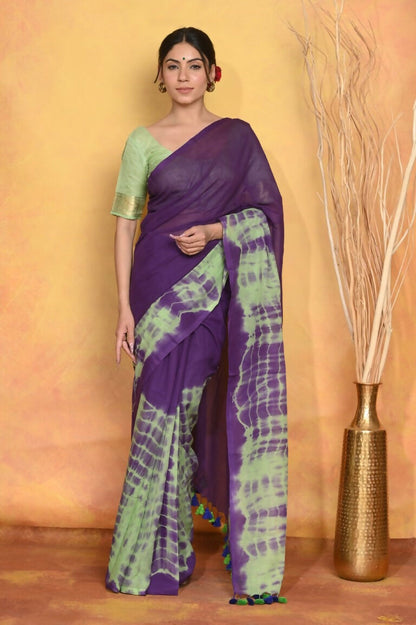 Very Much Indian Tie & Dye Handloom Mul Cotton Saree - Blue Green