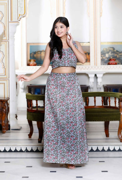 Miravan Women's Grey Floral Printed Crop Top And Skirt Co-Ord Set