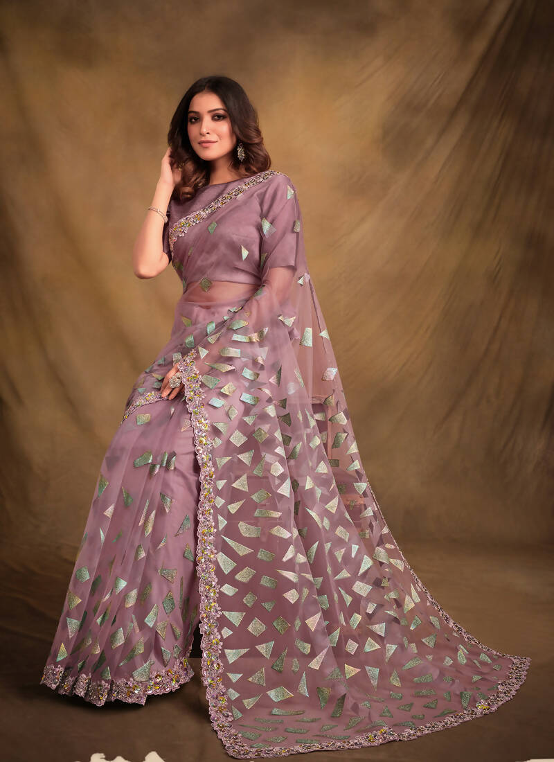 Light Purple Velvet Texture Net Designer Saree with Unstitched Blouse - Norita Mahitha