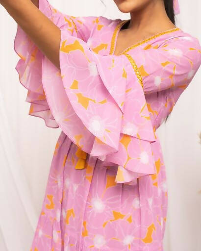 FIORRA Women's Light Pink Georgette Floral Printed Western Dress