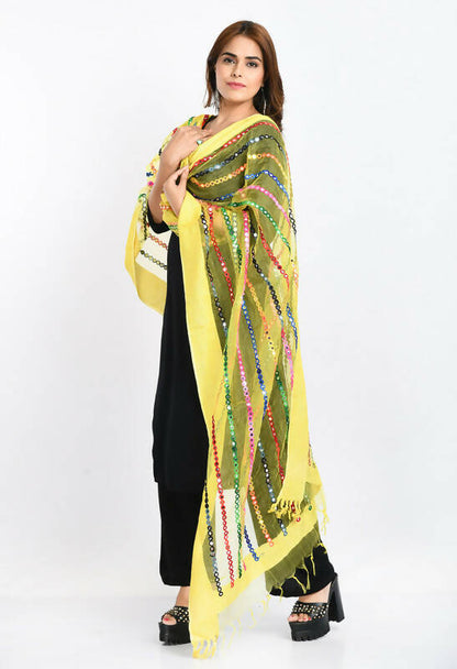 Mominos Fashion Moeza Women's Orgenza Multi Thread Mirror Work Lemon Yellow Dupatta