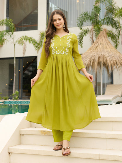 The52 Lemons Women's Gorgeous Chinon Embroidered Flared Kurta with Pant And Dupatta Set