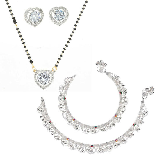 AanyaCentric Gold-Polished Mangalsutra Pendant Earring Set & Silver Plated Anklet