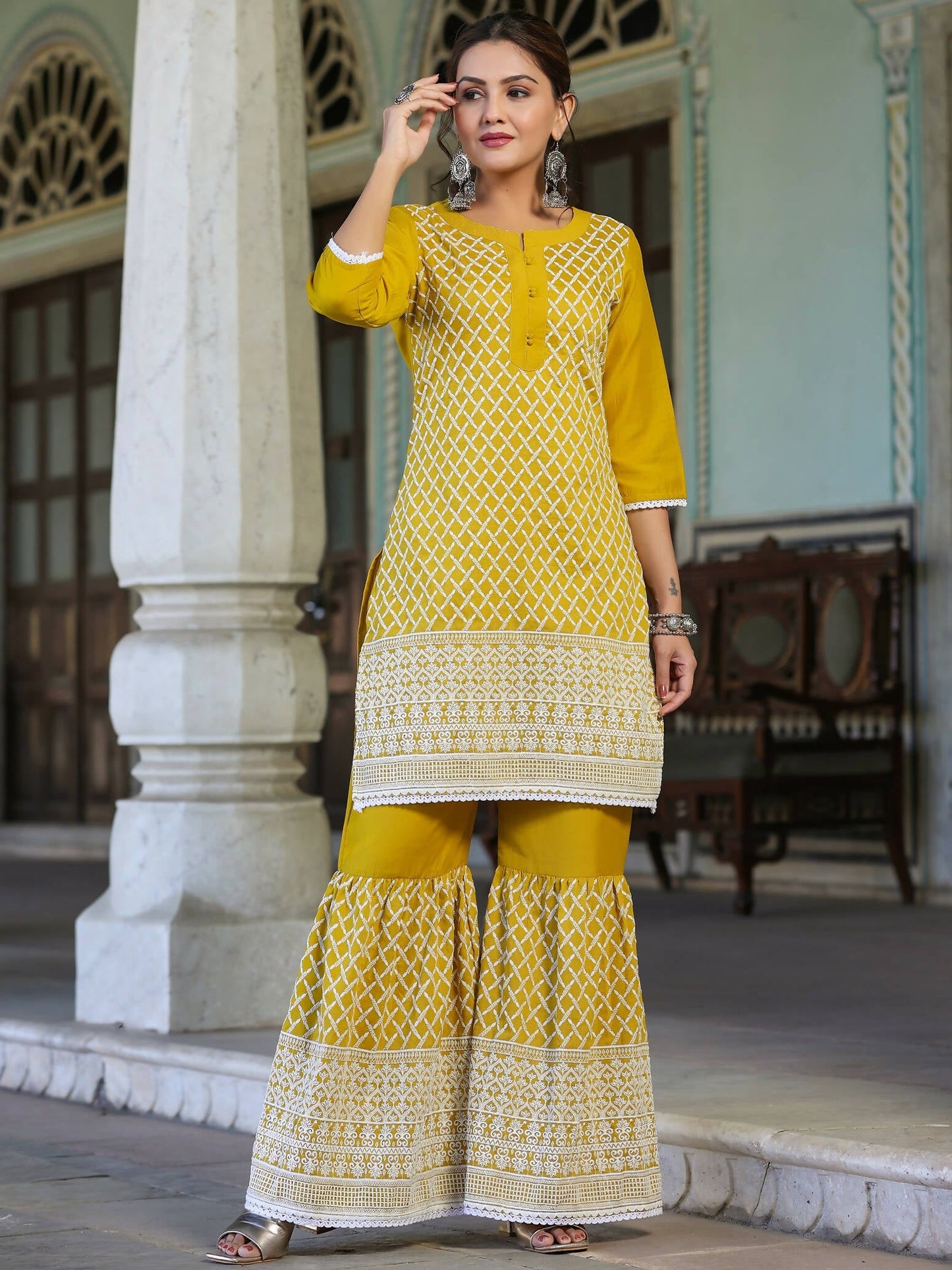 Juniper Women's Mustard Chinnon Embroidered Kurta Garara Set