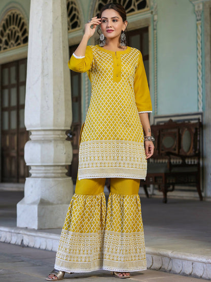 Juniper Women's Mustard Chinnon Embroidered Kurta Garara Set