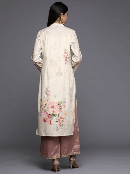 Ahalyaa Women Cream-Coloured & Pink Floral Printed Gotta Patti Floral Velvet Kurta