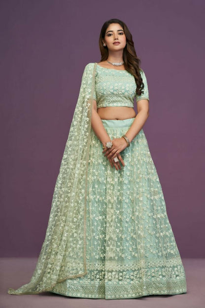 Pista Green Soft Net Thread Sequence Embroidery Work Lehenga Choli - Jihu Culture