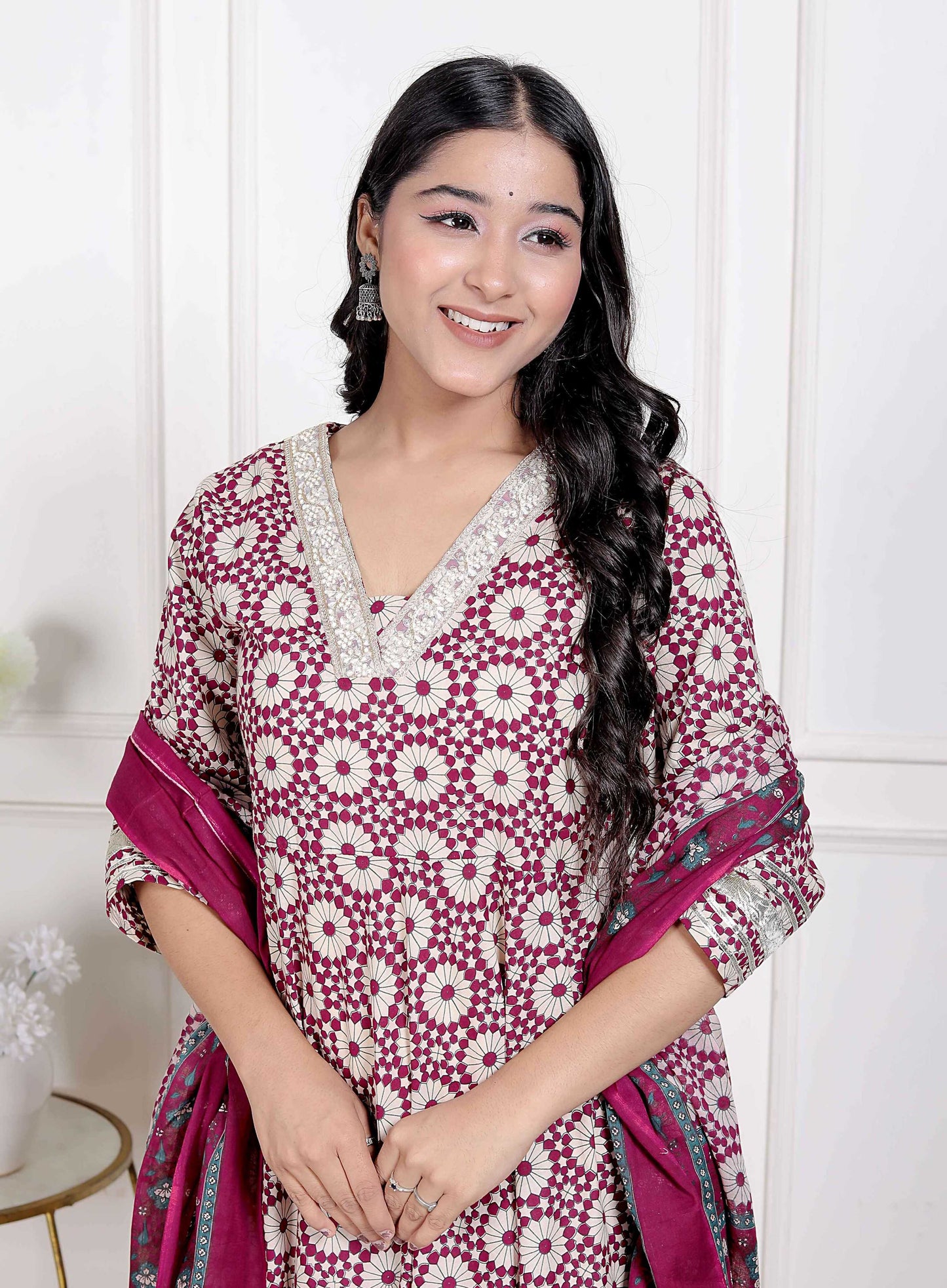 Miravan Women's Cream Embroidered Cotton Anarkali Kurta and Dupatta
