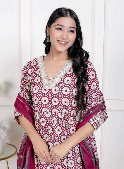Miravan Women's Cream Embroidered Cotton Anarkali Kurta and Dupatta