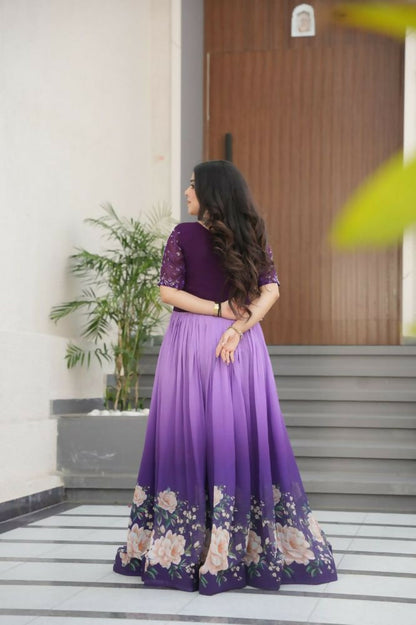 Vastranavya Purple Faux Blooming With Beads Embroidered work and Rich Floral Pedding Digital Print Gown