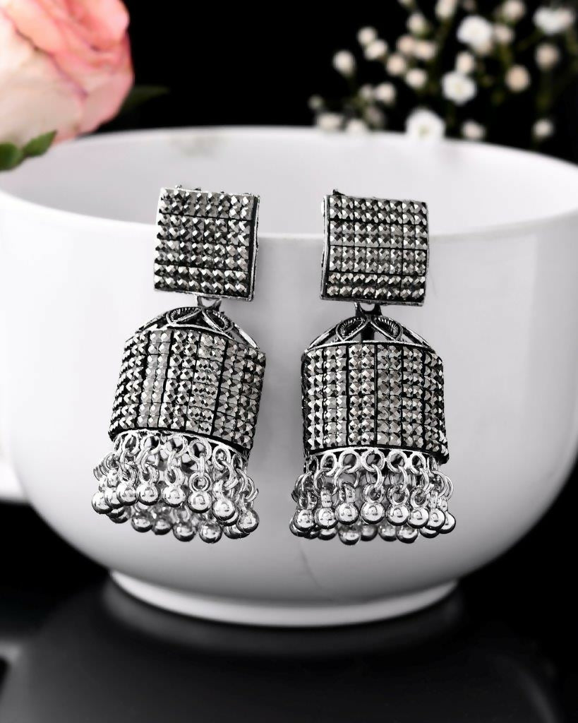 VOJ Black-Toned AD Studded Square Dome Shaped Jhumka Earrings