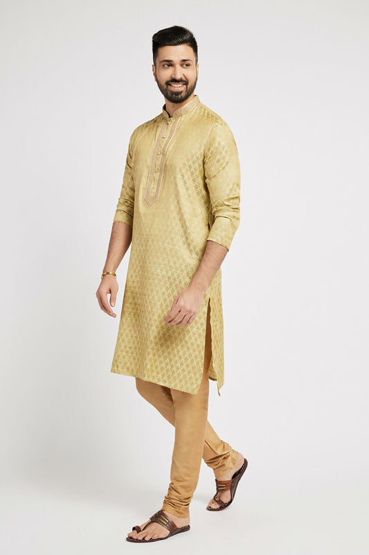 Ethnic India Green Men's Kurta Woven Design Polyester