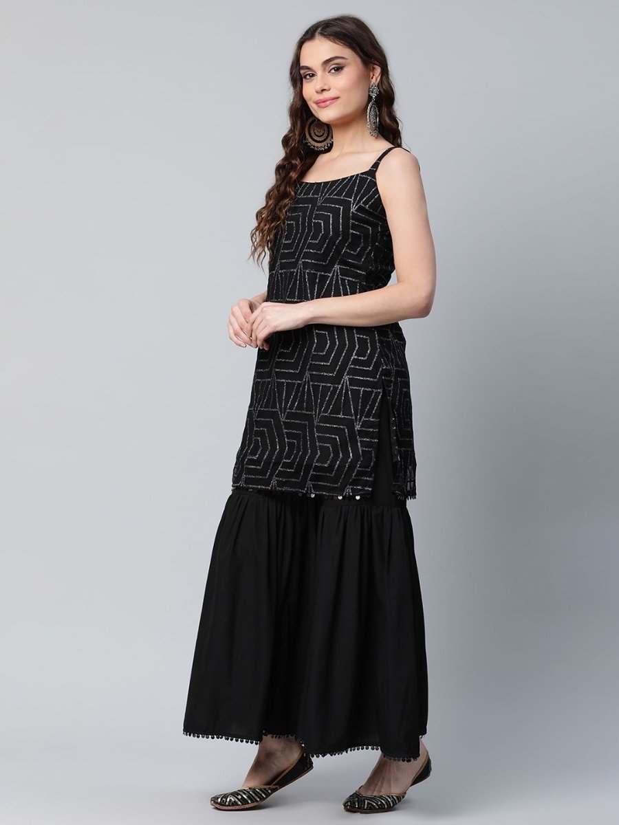 Ahalyaa Women Black Net Glitter Print Short Kurti With Sharara Dupatta Set