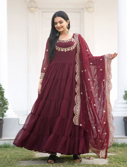 Lehenga Mart Designer Georgette Gown With Sequence Embroidered Work - Maroon