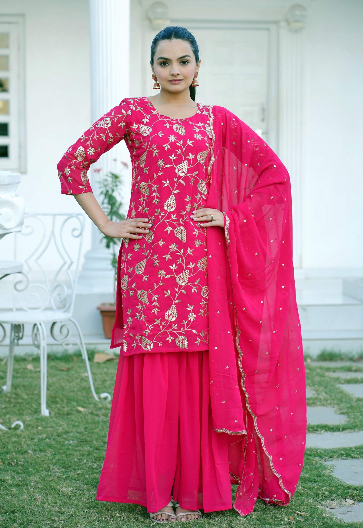 Lehenga Mart Designer Faux Georgette Sharara Suit With Sequence Embroidered Work - Pink