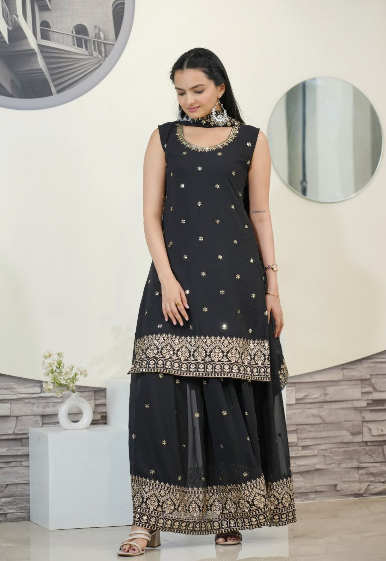 Lehenga Mart Designer Faux Georgette Sharara Suit With Sequence Embroidered Work - Black