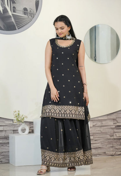 Lehenga Mart Designer Faux Georgette Sharara Suit With Sequence Embroidered Work - Black