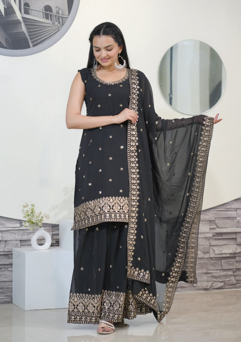 Lehenga Mart Designer Faux Georgette Sharara Suit With Sequence Embroidered Work - Black