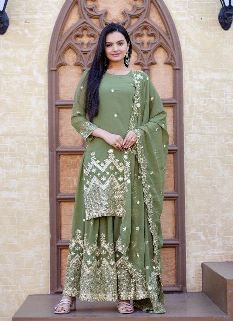 Lehenga Mart Designer Faux Georgette Sharara Suit With Sequence Embroidered Work - Pista Green