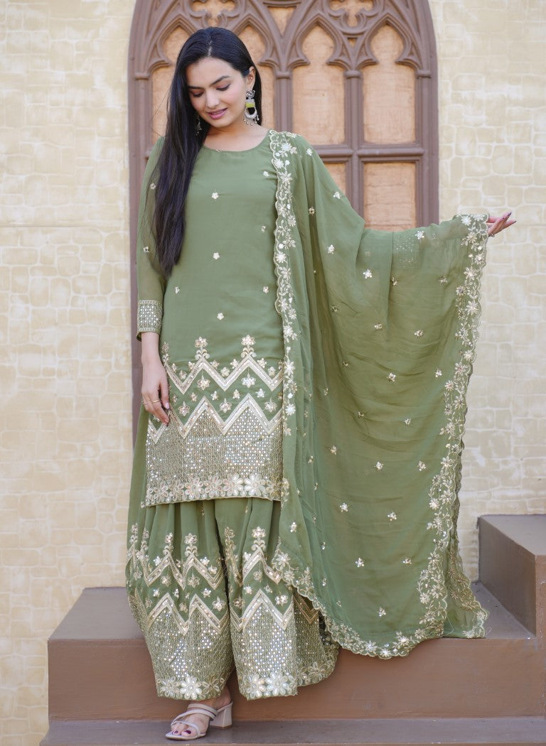 Lehenga Mart Designer Faux Georgette Sharara Suit With Sequence Embroidered Work - Pista Green