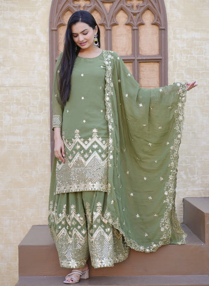 Lehenga Mart Designer Faux Georgette Sharara Suit With Sequence Embroidered Work - Pista Green