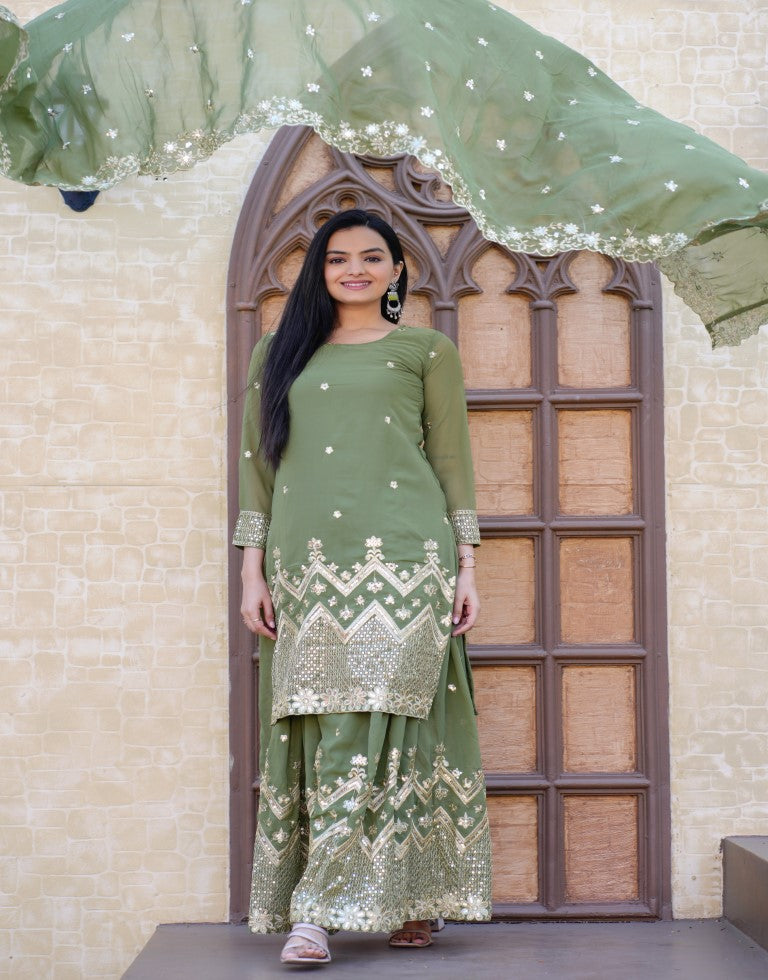 Lehenga Mart Designer Faux Georgette Sharara Suit With Sequence Embroidered Work - Pista Green