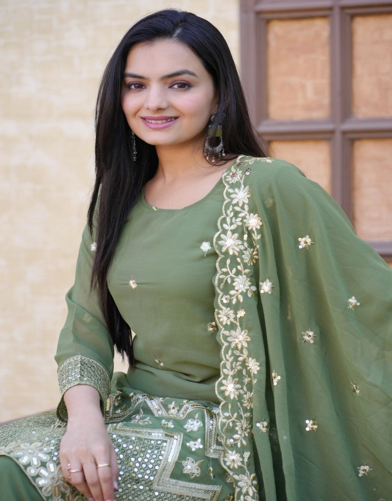Lehenga Mart Designer Faux Georgette Sharara Suit With Sequence Embroidered Work - Pista Green
