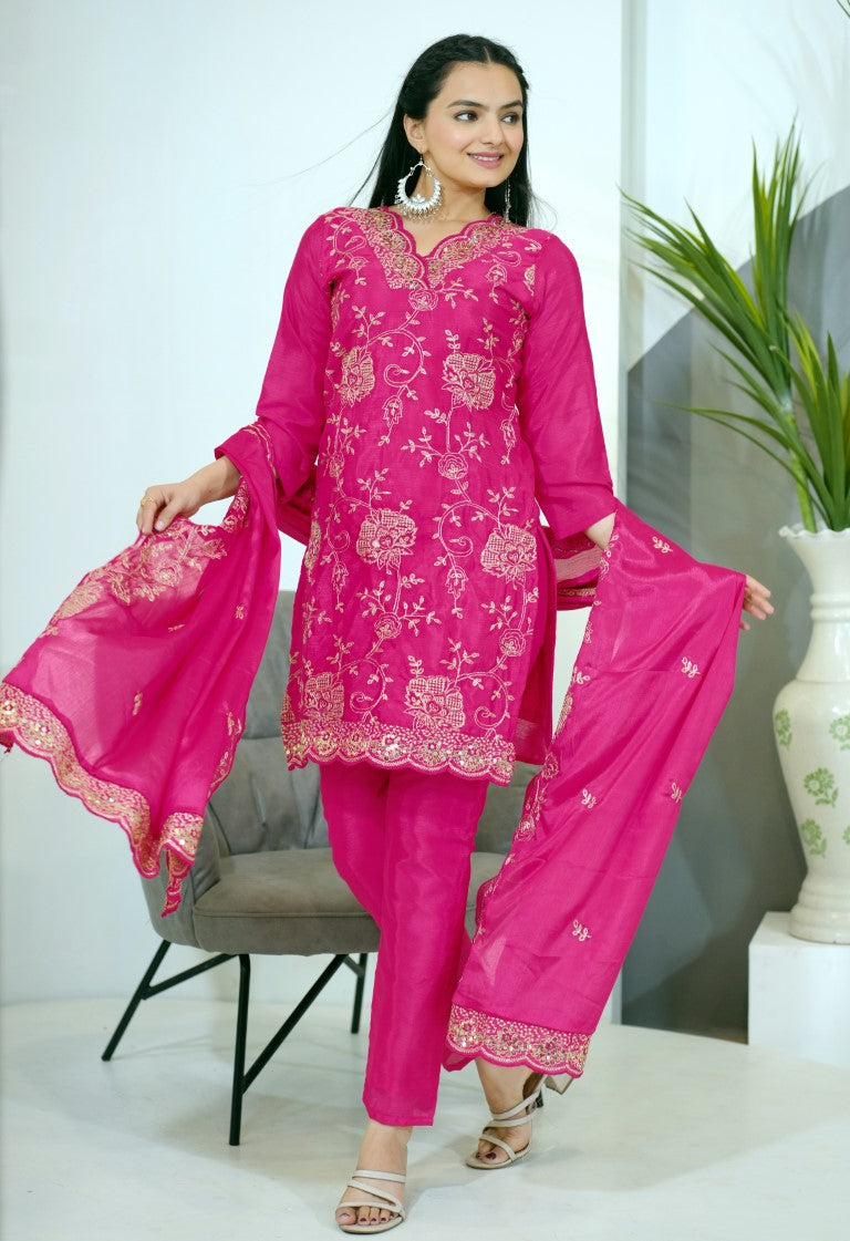 Lehenga Mart Designer Chinon Suit With Sequence Embroidered Work - Pink