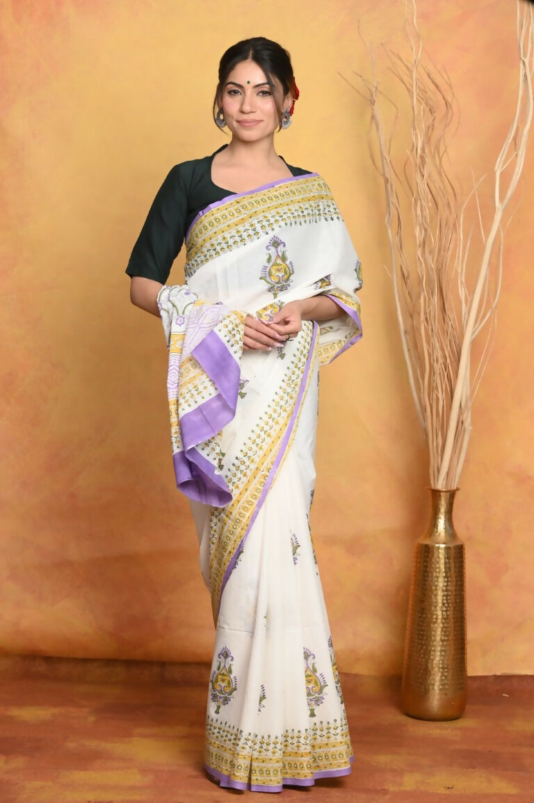 Very Much Indian Handblock Printed Cotton Saree With Natural Dyes - White