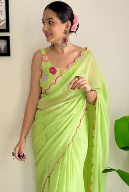 Vamika Embroidery Parrot Green Georgette Bollywood Saree