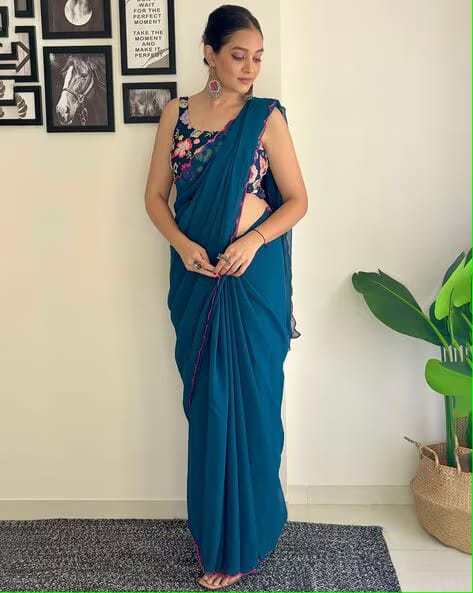 Vamika Embroidery Rama Green Georgette Bollywood Saree