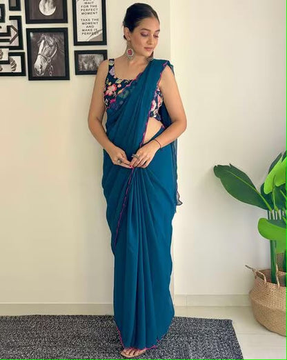 Vamika Embroidery Rama Green Georgette Bollywood Saree