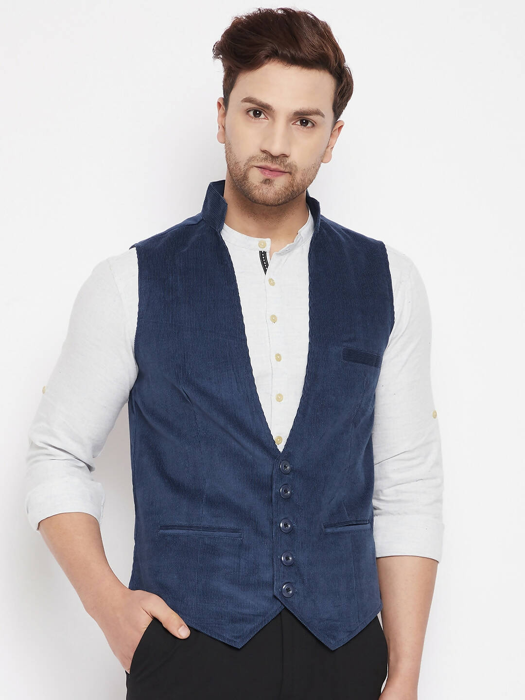 Even Apparels Blue Merino Men Woven Nehru Jacket