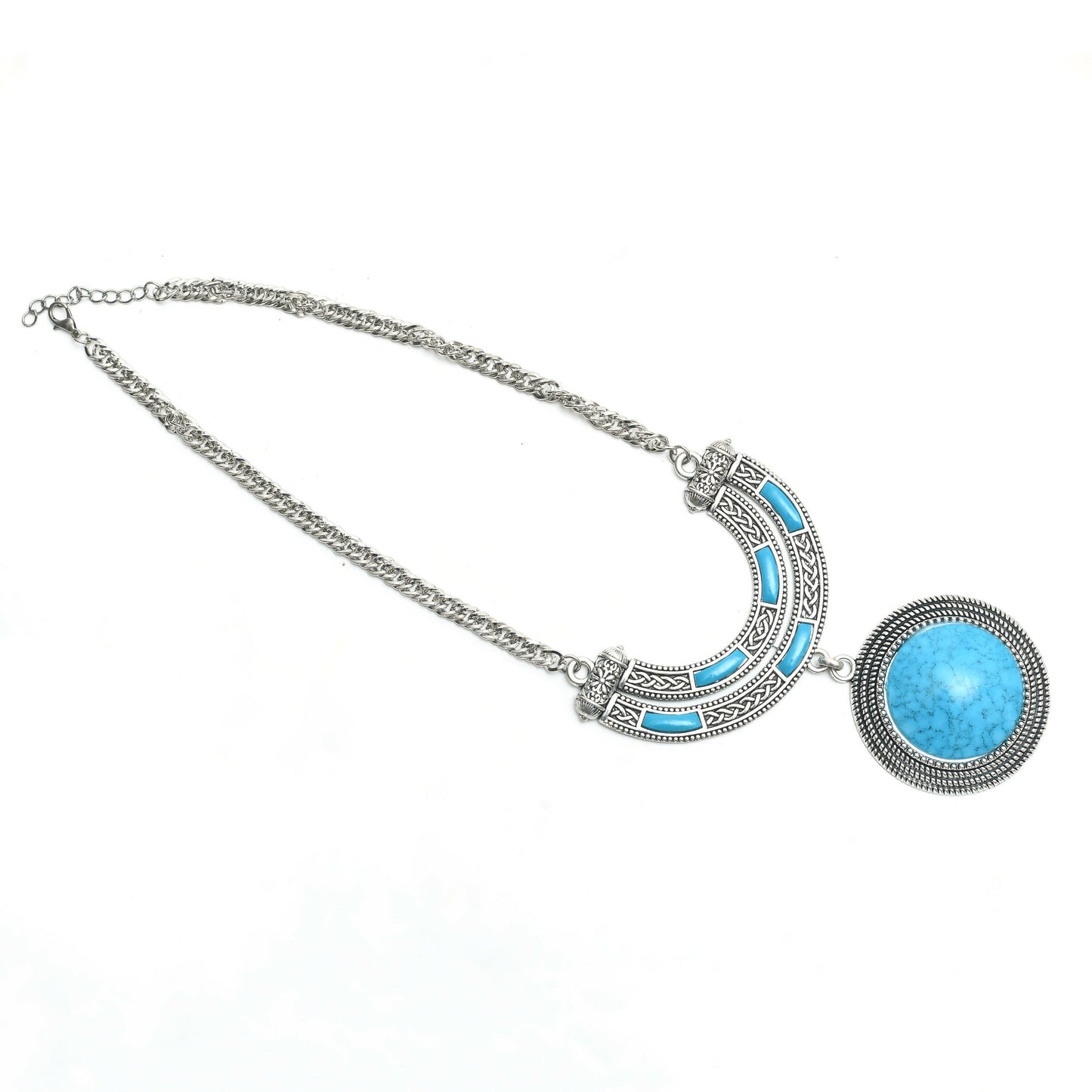 Mominos Fashion Johar Kamal Oxidised Silver-Plated Stone Work Long Necklace Handicraft Sky Blue