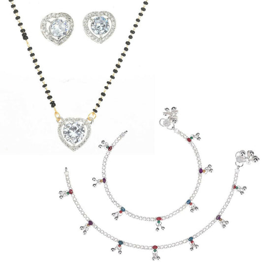 AanyaCentric Gold-Polished Mangalsutra Pendant Earring Set & Silver Plated Anklet