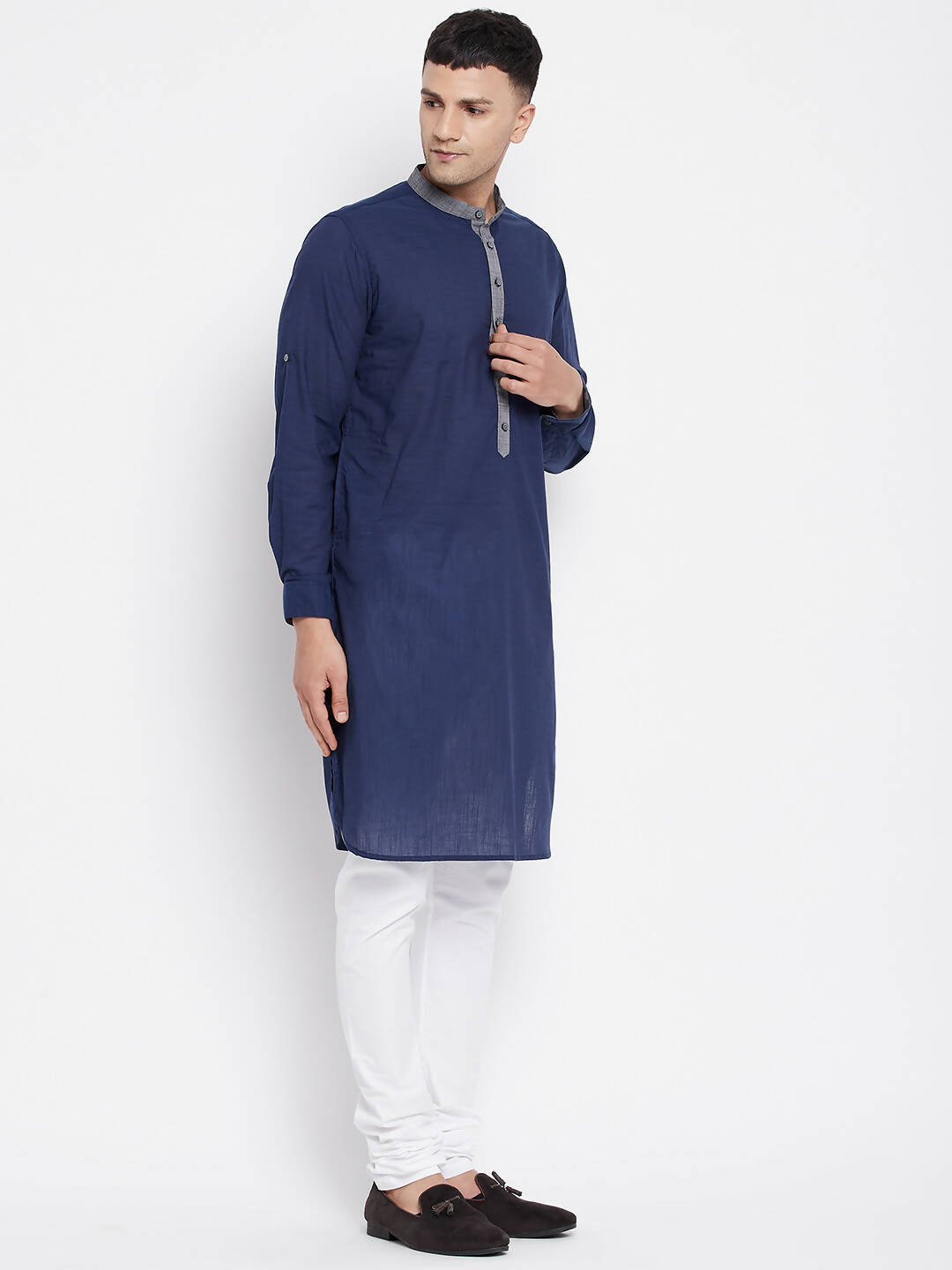 Even Apparels Blue Pure Cotton Men's Kurta With Contrast Collar And Placket