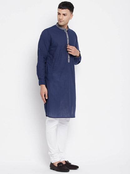 Even Apparels Blue Pure Cotton Men's Kurta With Contrast Collar And Placket