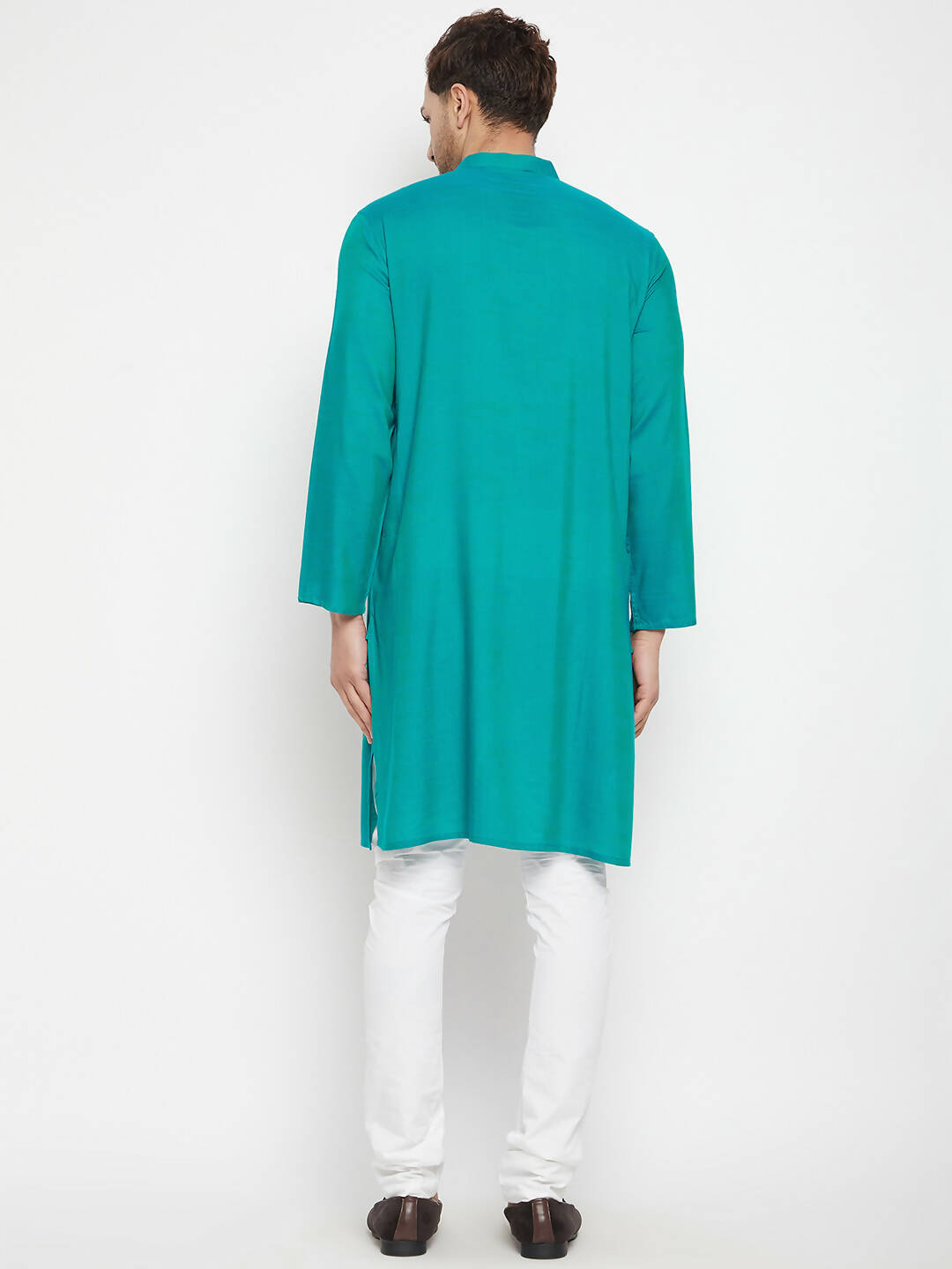 Even Apparels Green Viscose Long Men's Kurta With Band Collar