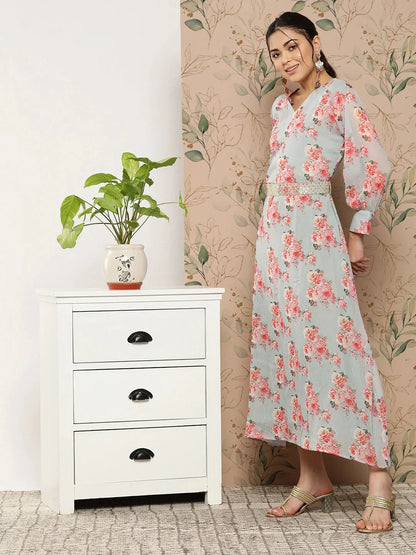 Yufta Floral Chiffon A-Line Midi Dress